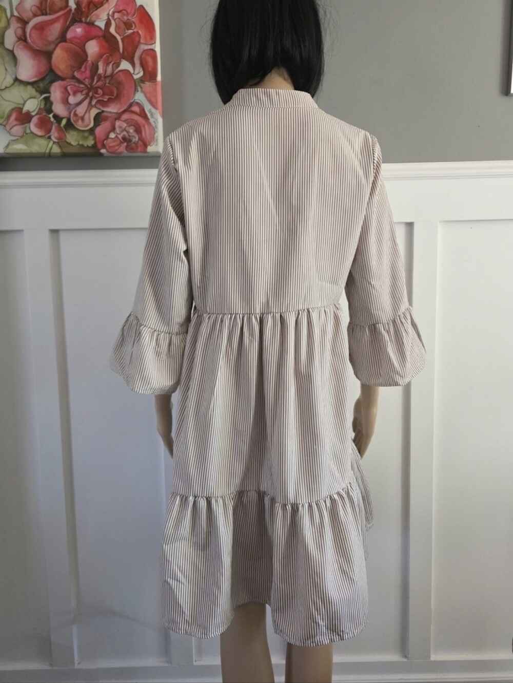 FIMARSTED Prairie-Style Tiered Dress – Beige & White Fine Stripes , Size L - Picture 7 of 13